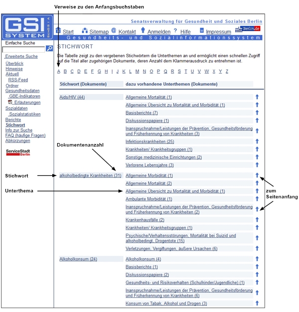 Darstellung der GSI-Seite Stichwort